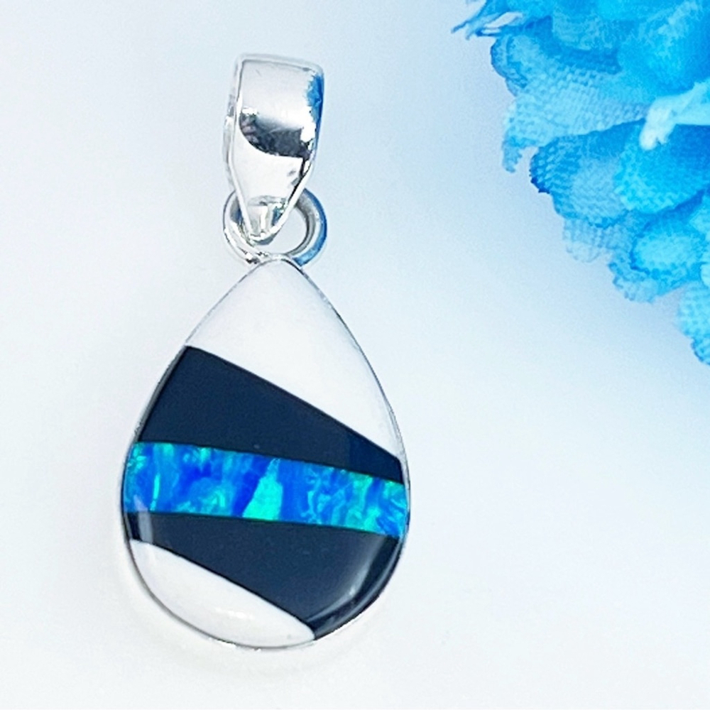 Blue Fire Opal Pendant Pure Sterling Silver 925 Shell Onyx Inlay Stripe New